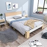 BTM Holzbett Einzelbett Bettgestell mit Lattenrost Kopfteil Massivholz Betten Kinderbett Jugendbett, Natur& Weiß