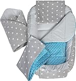 Medi Partners 5 teilig Babynestchen Set Babynest 100x60x15 herausnehmbarer Einsatz Bett Kuschelnest Krabbeldecke Babys Neugeborene 100% Baumwolle (Graue Sternen mit Türkisen Minky)