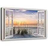 Feeby Wandbilder Fensterblick Meer Strand Sonnenuntergang 120x80 cm XXL Wohnzimmer Vlies Bilder Modern Leinwandbilder Bild auf Leinwand Wanddeko Kunstdruck Design Dünen Gras Sand Beige Orange