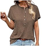 TURWXGSO Damen Sommer V-Ausschnitt Solide Farbe LäSsig Lose Fit Kurze ÄRmel Top ÄRmelloses Oberteil Mit Tasten Tshirt Einfarbig Hemdbluse Tunika Shirts Sexy Elegant Blusen Lockere Passform
