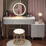 BUJOG Schminktisch mit Lichtern, Schminktisch mit gepolstertem Hocker, Ablagen, modernes Schminktisch-Set, 3 Beleuchtungsfarben, für Schlafzimmer, Studio (Farbe: Grau + Weiß, Größe: 100 cm)