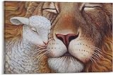 MONBEQ - Der Löwe und das Lamm Leinwanddrucke für Wohnzimmer Schlafzimmer Büro Küche Dekor – 58 x 80 cm ohne Rahmen Wandgemälde für Wohnzimmer
