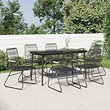 Tidyard 7-TLG. Garten Essgruppe, Terrassenmöbel Set 6 Personen, Sitzgruppe Outdoor, Esstisch mit Glas-Tischplatte & Stühle, Gartenmöbel Set PVC Rattan Schwarz