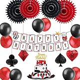 EASY JOY Casino Geburtstag Deko Las Vegas Poker Mottoparty Dekoration Happy Birthday Girlande Luftballon Schwarz Rot