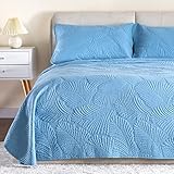 Threads For Bed® 3 Teilige Stickerei Tagesdecke Set, Baumwolle Gefüllte Überwurfdecke, Premium Dünne Bettdecke Wohndecke Sofaüberdwurf, Blau, Blätter, 1 Bettüberwurf 260x240 + 2 Kissenbezüge 40x80