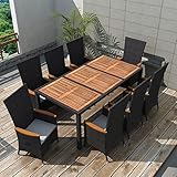 Gecheer 7-TLG. Garten Essgruppe, Terrassenmöbel Set 8 Personen, Sitzgruppe Esstisch mit Akazienholz-Tischplatte & 8 Hochlehner Stühle mit Sitzkissen, Gartenmöbel Set Poly Rattan Schwarz