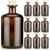 9x Apothekerflaschen braun 500ml leer Holzkorken natur, elegante Braunglas Flaschen schwarz antik für Öl, Gin, Kräuter Schnaps od. als Geschenk 0,5L Glasflaschen