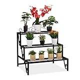 Relaxdays Blumentreppe Metall, 3 Stufen, Outdoor und Indoor, Pflanzentreppe mit Verzierung, HBT 69 x 70 x 60 cm, schwarz, 10030843