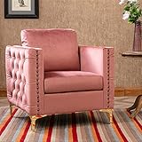 HOOSENG Samtstuhl, Moderner Chesterfield-Sessel, Relaxsessel, Ohrensessel, Einzelsessel, Lesesessel, XXL Sessel mit einem Kissen, modische Nieten und getuftete Knöpfe mit goldenen Metallbeinen, Rosa