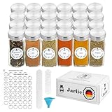 Jarlie Gewürzgläser Eckig mit Streueinsatz, 24er Set 120ml Gewürzdosen Leer mit Edelstahldeckel - Spice Jars, Luftdichte Behälter für Gewürze - Gewürzstreuer mit Trichter, 70 Etiketten, Bürste