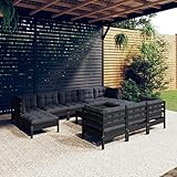 ZEYUAN 11-TLG. Garten-Lounge-Set mit Kissen, Lounge Gartenmöbel Set, Gartenlounge Set, Loungemöbel, Möbelsets, Garten Möbel, Balkon Möbel, Schwarz Kiefer Massivholz