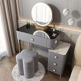BUJOG Schminktisch-Set mit beleuchtetem Spiegel, moderner Schminktisch mit 4 Schubladen und Aufbewahrungsschrank, Make-up-Schminktisch mit zusätzlichem Stauraum und gepolstertem Hocker, für Damen