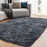 OMERAI Teppich Wohnzimmer Teppich Schlafzimmer Kunstfell Teppich Grau Teppich Flauschig Hochflor Teppich Groß Teppich Weich Teppich Anthrazit Shaggy Teppich Fell Antirutsch Teppich 90X150CM