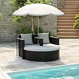 Bounv Gartenbett mit Sonnenschirm Sonnenliege Mit Sonnenschirm Liege Garten Gartenbetten Relaxliege Liege Liegestuhl Gartenmöbel Rattanmöbel Sonnenbett Poly Rattan Schwarz und Weiß