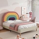Polsterbett 140 * 200, mit Lattenrost und Kopfteil, Jugendbett, für Erwachsene & Jugendliche, Holzlattenunterstützung, Einfache Montage, höhenverstellbares Kopfteil, Samt, beige
