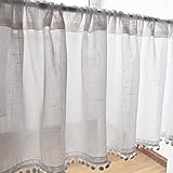 choicehot Voile Landhausstil Baumwolle Scheibengardine Vintage Leinen Vorhänge Retro Spitze Kurzstores Halbtransparente Kurzgardine mit Balls Romantische Weiße Bistrogardine 1 Stück 40×150 cm(H×B)