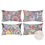 Velvhom 4er Set Boho Kissenbezug Bunt Geometrisch Muster Dekorativ Kissenhülle Draussen Dekokissen 30x50cm Wasserdicht Baumwolle Leinen Mandala Kissen Fall für Zuhause Couch Auto,12x20Inch