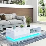 Couchtisch, Couchtisch mit Stauraum, Couchtisch in glänzendem Weiß mit LED-Leuchten, Couchtisch für Wohnzimmer, rechteckiger Mitteltisch mit Schublade und offenem Regal 95 x 55 x 31 cm (2,5 m LED)