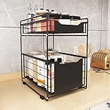 Mocosy 2 Tier Schiebeschrank Korb herausziehen Organizer Schublade, Gewürzregal Schiebekorb unter Waschbecken Schrank Lagerregal für Küchenarbeitsplatte Speisekammer Badezimmer Büro Desktop (schwarz)