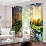 REPWEY Vorhang Blickdicht Ösenschal 3D Digitaldruck Sonnenuntergang Holzbrücke Seeblick Gardinen Kinderzimmer Wohnzimmer Schlafzimmer Wohnzimmer Thermovorhang Ösenvorhänge 2Er Set 260X240cm