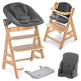 Hauck Baby Hochstuhl Alpha XXL Set ab Geburt - mit Neugeborenenaufsatz, Essbrett und Sitzverkleinerer/Mitwachsender Holz Babystuhl mit Liegefunktion und Sitzauflage - Natur Dunkelgrau