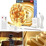 WOBANE LED Strip mit Bewegungsmelder,5m LED Streifen Warmweiss Dimmbar,12V Flexibel LED Band mit RF Fernbedienung,LED Nachtlicht mit Lichtsensor für Kleiderschrank,Treppe,Bett,Küche,Schrank,3000K