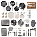 noah Der Chefkoch Premium Küchen Starter Set – Ideal für Heimumzüge und Studenten – Komplette Küchenausstattung (Schiefergraue Pfannen-Set & Weiß Gesprenkelt Geschirr)
