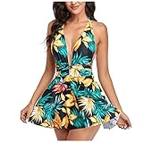 Blumen Drucken Badekleid Damen Tiefer V Ausschnitt Schwimmkleid Boho Neckholder Badeanzug Einteiler Strandmode Verband Bowknot Bademode Hawaii Knielanger Rock Röckchen Schwimmrock Muster Baderock