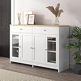 Sideboard mit weißer Holzmaserung, Vier Türen, mit Zwei Schubladen, Tür mit Glas. Wohnzimmer, Esszimmer. Holzfarbe und Weiß