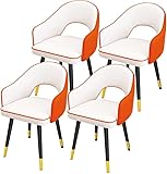 Moderne Esszimmerstühle, 4er-Set, Lederstühle mit Beinen aus Karbonstahl, hohe Rückenlehne, gepolsterter Sitz, Wohnzimmer, Esszimmerstühle (Farbe: Weiß + Orange)