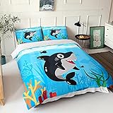 CORYBE Kreativer Druck auf übergroßem Bettbezug 200x200 cm Hai Cartoon Simple Style Bettwäsche Set Weiche Bettdecke Bettlaken Kissenbezüge Bettwäsche für Kinder Erwachsene