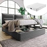 Whoiy Under Bed Storage Box, Double Bed with Mattress 140X200cm Samtgraues Doppelbett mit Verstellbarem Kopfteil mit Hydraulischem Stauraum aus Metallrahmen