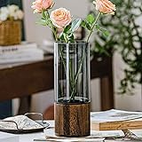 Glas Blumenvase Modern Zylinder Vase Handgefertigte kristallklare Glasvase mit Holzsockel Blumenblume Pflanzenbehälter für Home Office Dekor, Geschenk für Hochzeit Einweihungsparty feiern Höhe 31 cm