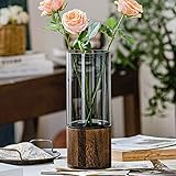 Glas Blumenvase Modern Zylinder Vase Handgefertigte kristallklare Glasvase mit Holzsockel Blumenblume Pflanzenbehälter für Home Office Dekor, Geschenk für Hochzeit Einweihungsparty feiern Höhe 31 cm