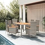Tidyard 7-TLG. Garten Essgruppe, Terrassenmöbel Set 6 Personen, Sitzgruppe Esstisch mit Holz-Tischplatte & 6 Hochlehner Liegestuhl mit Sitzkissen, Gartenmöbel Set Poly Rattan Grau