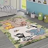 Paco Home Kinderteppich Kinderzimmer Dschungel Tiere Giraffe Löwe AFFE Zebra Beige Creme, Grösse:160x230 cm