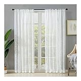 Mesnt Durchsichtiger Vorhang Draußen, Polyester Transparenter Netzvorhang mit Blattrankenmuster, Weiß, H183 x B107 cm
