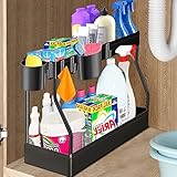 LIFOCI Spülschrank Organizer 2 Etagen Unter Waschbecken Regal Unterschrank Organizer Spülschrankregal mit 4 Haken und 2 Tasse Küchen Gewürzregal Organizer für Küche Spuele Bad Schrank (Schwarz)