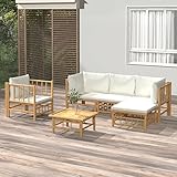 Homgoday Gartenlounge Set 6-TLG. Loungemöbel Gartenlounge Set Garnitur Sitzgruppe Lounge-Set Loungegruppe Gartensofa für Garten Terrasse und Balkon Bambus mit Cremeweißen Kissen