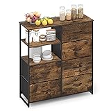 WEEU Kommode mit 6 Schubladen 2 Regal Holzfurnier Stoffschrank Sideboard Vintage Highboard Metall Container Schränke TV Schrank Klein, Küche Schlafzimmer Büro Wohnzimmer Schwarz + Braun Holz + Stahl