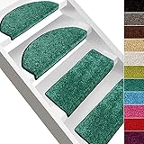 Floordirekt Shaggy Stufenmatten Sphinx | Halbrund oder Eckig | Treppenmatten in 13 Farben | Strapazierfähig & pflegeleicht | Hochflor-Stufenteppich in Kräusel-Optik (Halbrund 65 x 23,5 cm, Türkis)