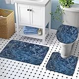 NODIII Badteppich Set 3pc Marmor Badvorleger Groß 50x80 Extra Dick Flauschige Mikrofaser Blau Badezimmer Badematten Ecke,Konturmatte,Wc-Deckelbezug Rund,Rutschfester KlebefläChe