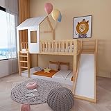 XPSSJMU Etagenbett mit rechtwinkliger Leiter und Rutsche Hausbett mit Dach und Fenster, Kinderbett mit Fallschutz und Gitter Rahmen Kiefer für Kinder 90x200cm Natur+Weiß