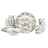 fanquare 16-Teilig Porzellan Kombiservice für 4 Personen, Glod Vintage Geschirr Set, Tafelservice mit Schmetterling Flora Gemustert