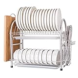 304 Edelstahl 2-lagiges Geschirrregal Küchenregal Abtropfgestell Geschirr und Essstäbchen, Aufbewahrungsregal, Silber, 55,5 x 27,5 x 45 cm
