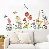 decalmile Wandtattoo Garten Blumen Wandaufkleber Vögel Schmetterlinge Mohnblume Blume Wandsticker Babyzimmer Kinderzimmer Schlafzimmer Wanddeko