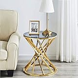 Beistelltisch Runder Glas Couchtisch Sofatisch Edelstahl Kaffeetisch Schreibtischmöbel Teetisch aus gehärtetem Glas für Wohnzimmer Schlafzimmer, 50 cm rund Gold (Gold)