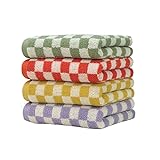 Dubeyioi 4PS Badezimmer Handtücher 100% Baumwolle Gesicht Schachbrett Gitter 13 x 29 Zoll, Erwachsene und Kinder für Badezimmer Küche (lila, gelb, grün, rot)