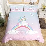 Einhorn und Regenbogen-Bettbezug, Queen-Size-Größe, rosa und blau, Farbverlauf, Himmel-Bettbezug mit 2 Kissenbezügen für Jugendliche und Erwachsene, atmungsaktiv, 3-teiliges dekoratives Bettbezug