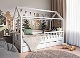 RIVERBANK Kinderbett 90x200 mit Rausfallschutz - Kinder Hausbett aus Kiefer Holz mit Schubladen & Rollrost | Stabiles Haus Bett für Mädchen & Jungen | 90 x 200 cm Jugendbett Massivholz Weiß